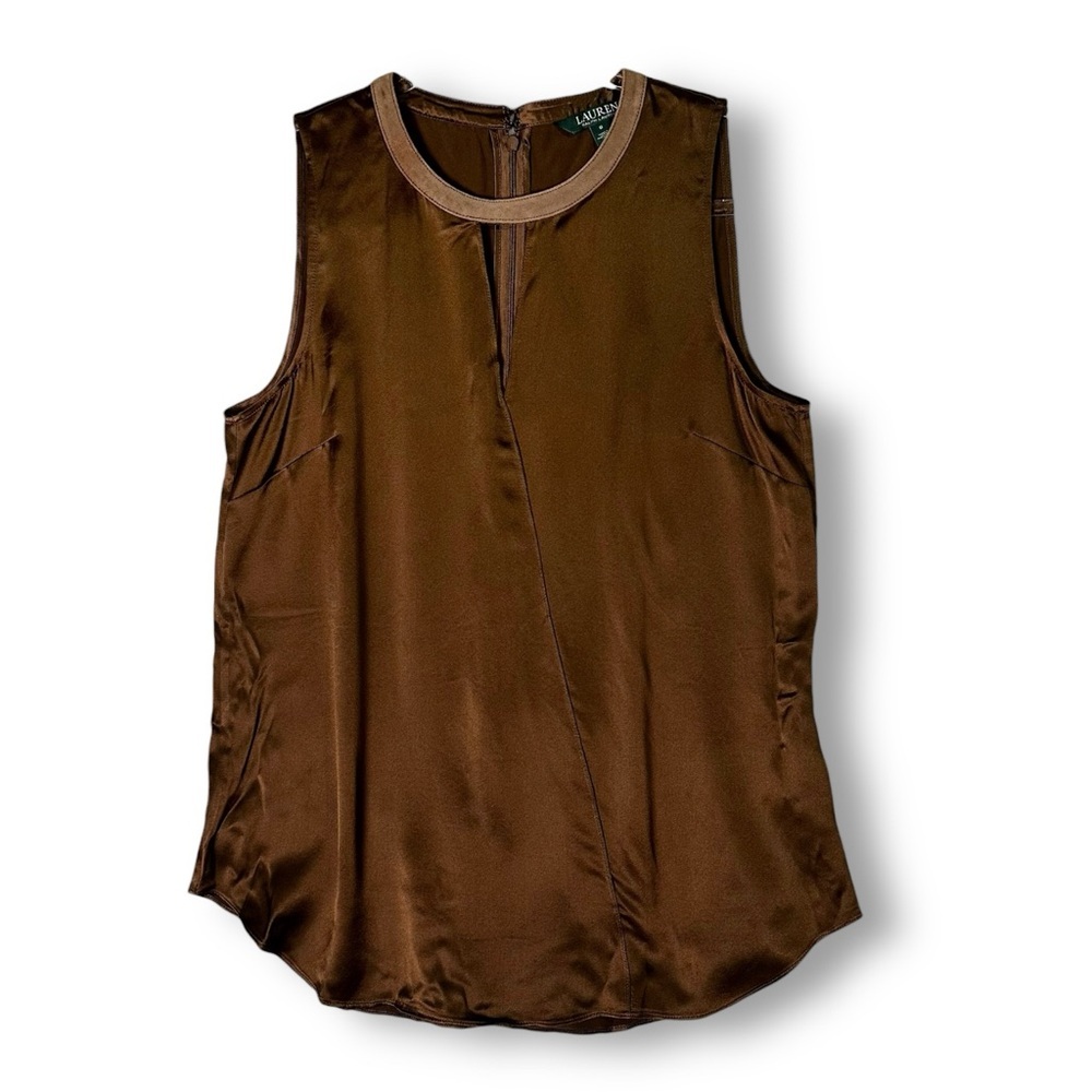 Lauren Ralph Lauren 100% Silk Sleeveless Top Sz 8 Keyhole Suede Trim Brown Satin